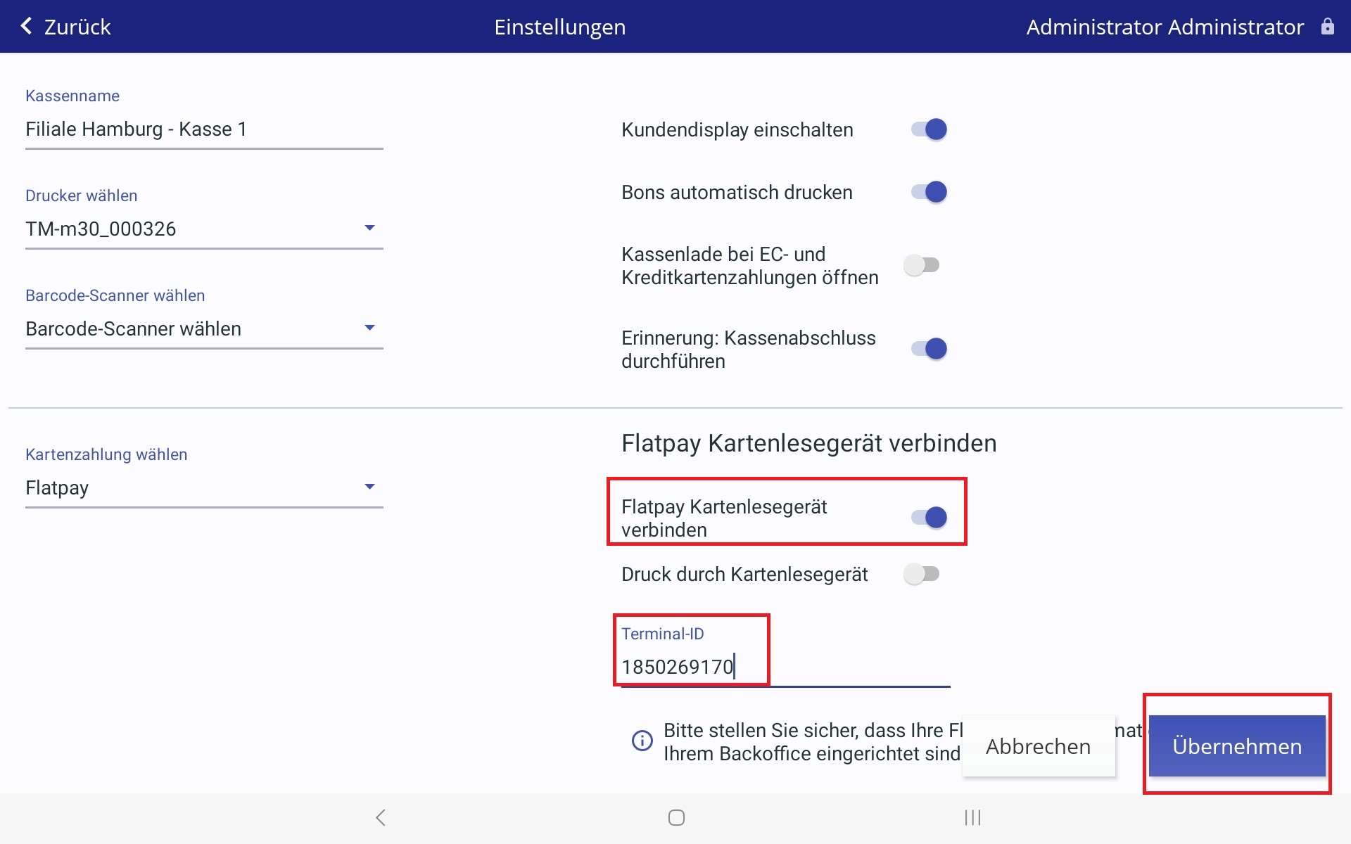 LocaFox Tablet App Flatpay verbinden