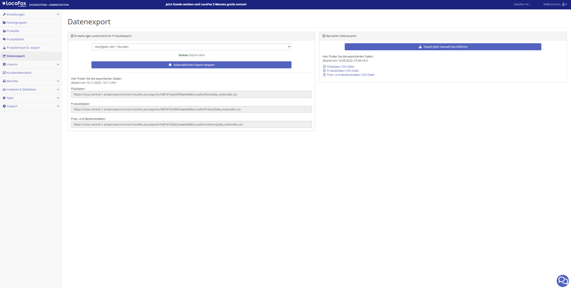 LocaFox Backoffice Datenexport