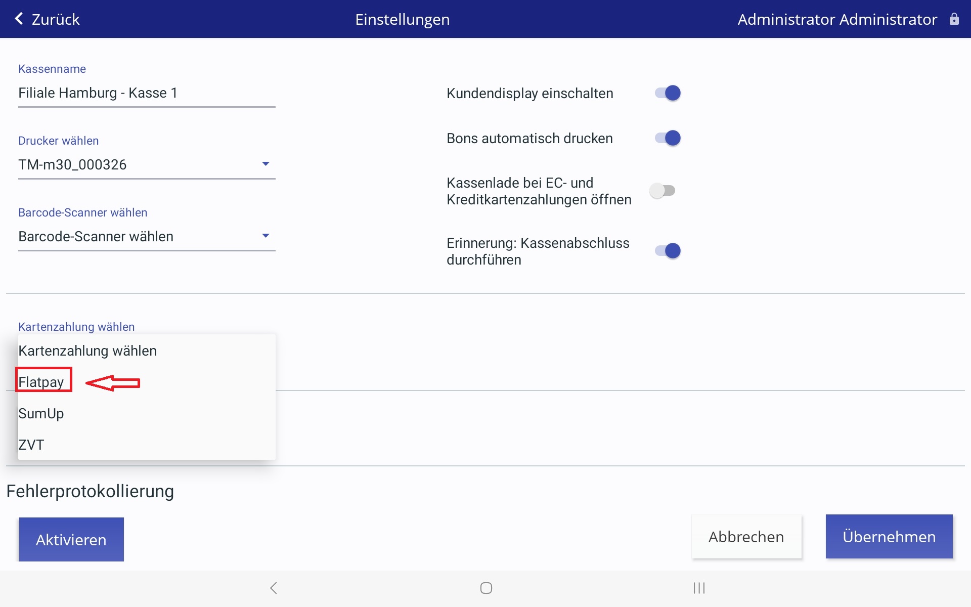 LocaFox Tablet App Einstellungen Kartenzahlung wählen